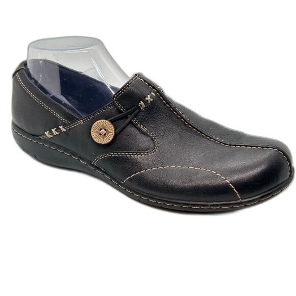 Clarks Bendables Black Leather Slip-on Comfort Shoes Size 9.5M - Picture 1 of 14